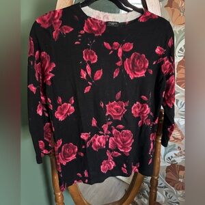 Talbots Black Floral Rose Pure Merino Wool Audrey Sweater